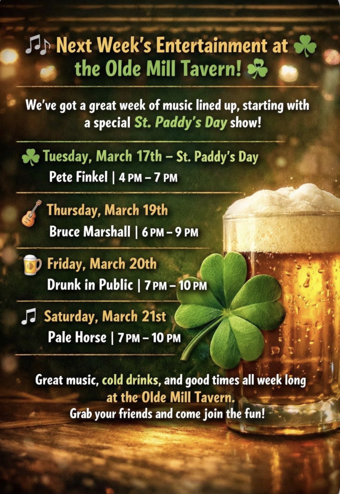 Olde Mill Tavern Harrison Maine St. Patricks Day week entertainment lineup