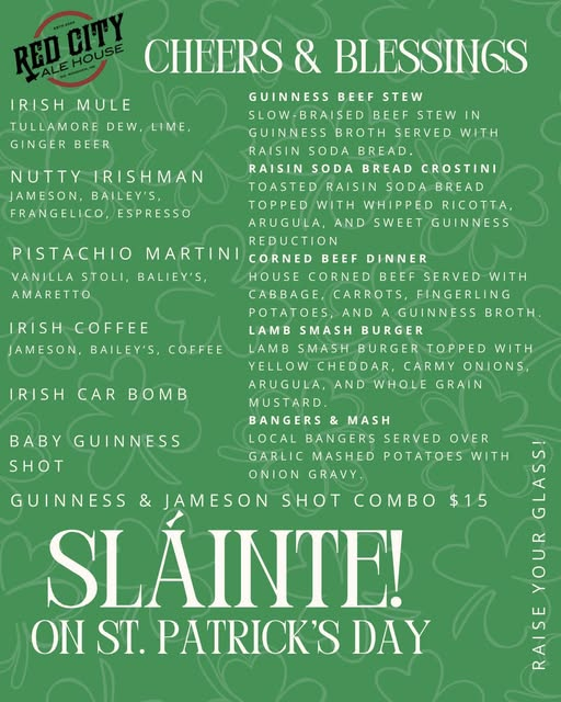 Red City Ale House St. Patricks Day Cheers and Blessings menu in Windham Maine